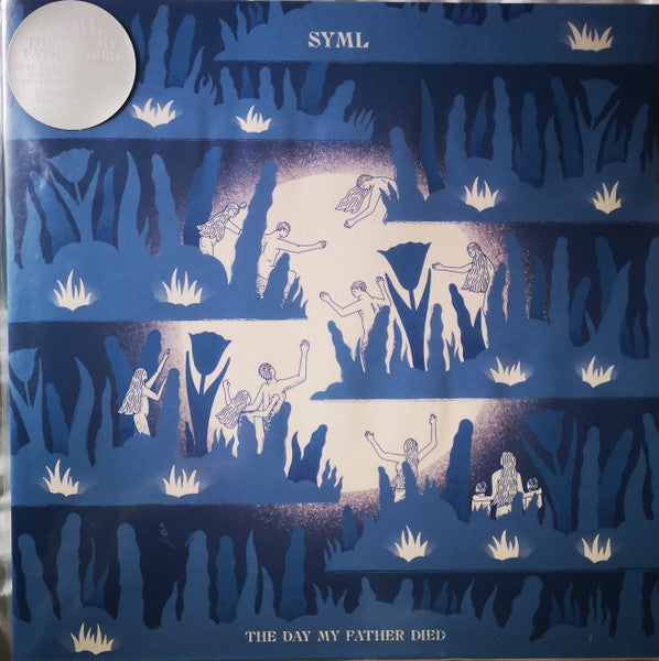 Blue vinyl record cover with illustrated figures in a field.