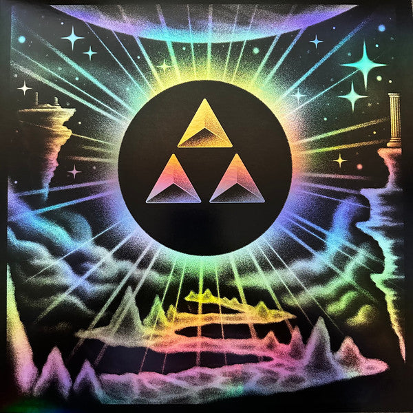 Vinyl record cover with a black background, Triforce symbol, and colorful rays.