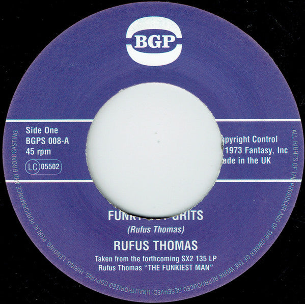 Blue and white 45 rpm record label with "Rufus Thomas" and BGP logo.