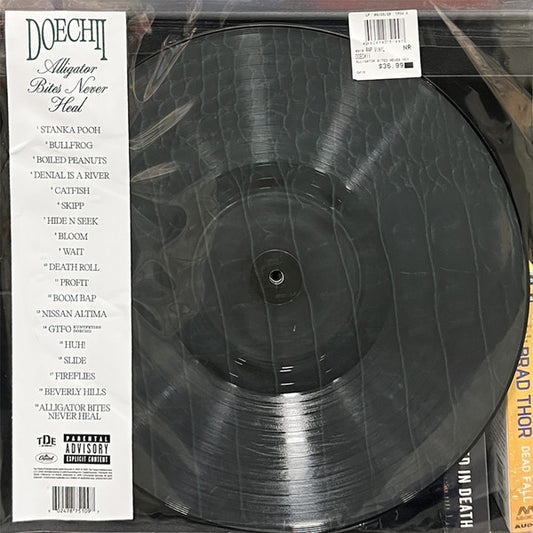 Black vinyl record with white text listing songs by Doechii.