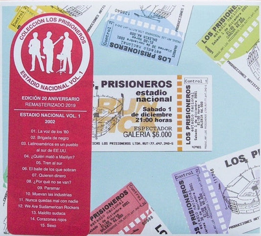 CD cover for Los Prisioneros' "Estadio Nacional Vol. 1" with ticket imagery.