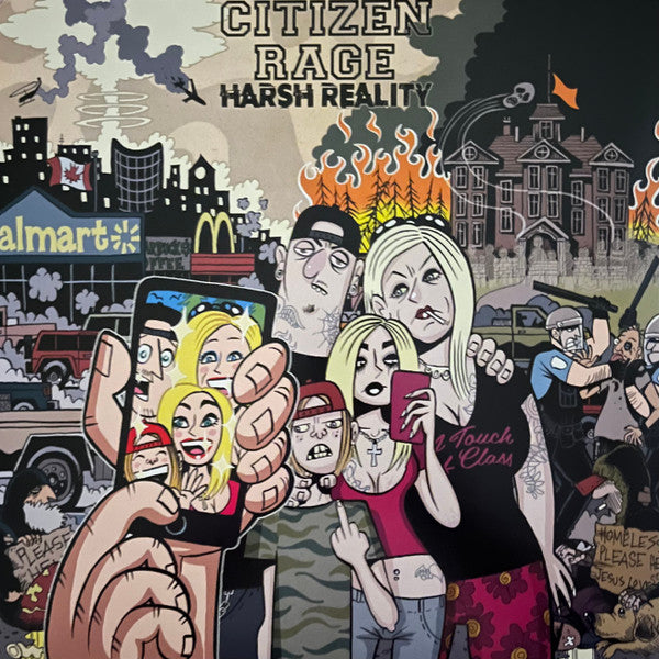 Album cover: "Citizen Rage - Harsh Reality" depicts a chaotic, cartoonish cityscape.