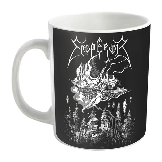 Black ceramic mug with white illustration of a winged figure and trees.
