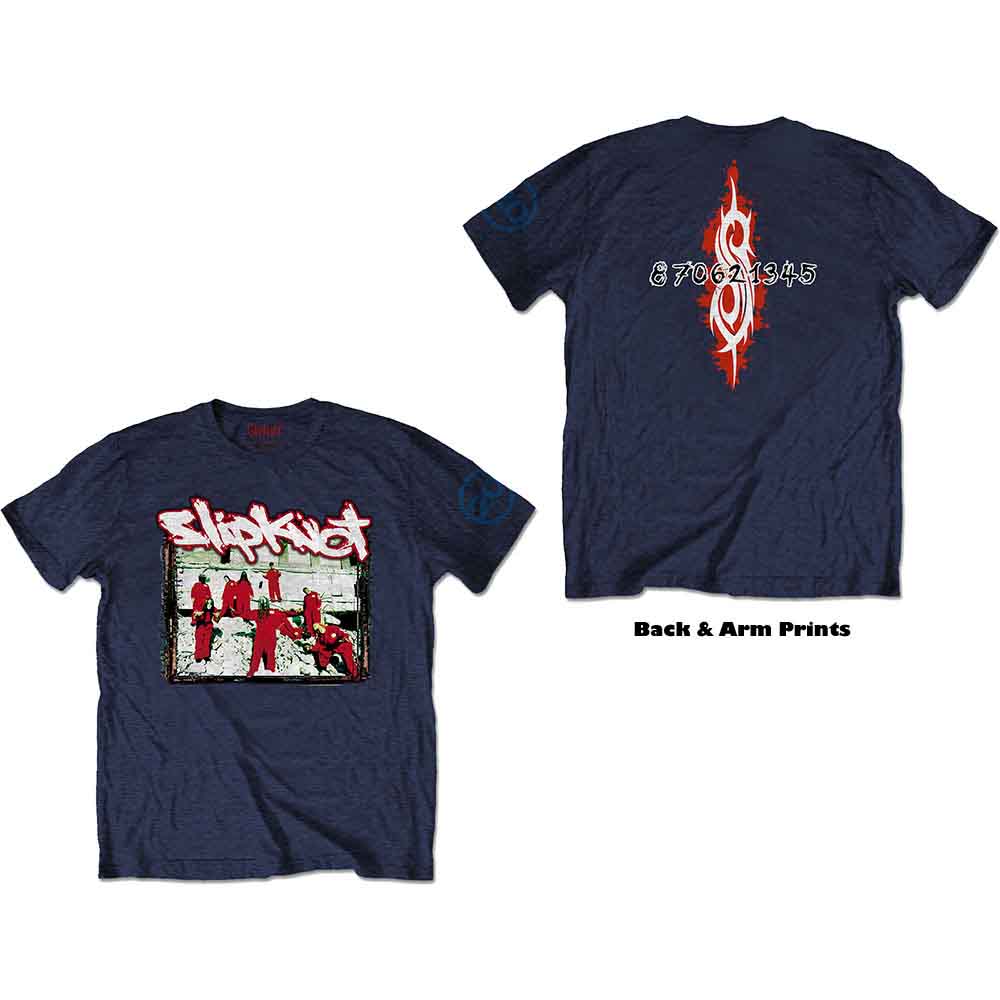 A navy blue t-shirt featuring a Slipknot logo and band members in red jumpsuits.