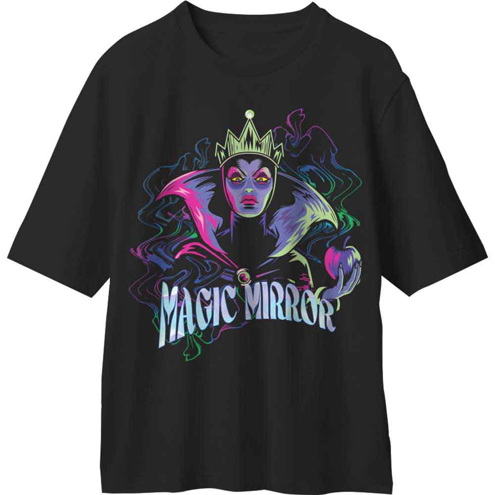 Black t-shirt featuring the Evil Queen and her magic mirror from Sleeping Beauty.