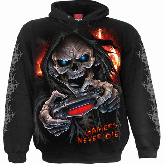 Black hoodie with a large, detailed skull and “RESPAWN” graphic print.