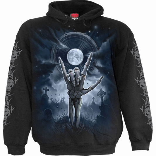 Black hoodie with a graphic of a skeleton playing an electric guitar.