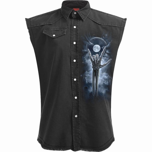 Black sleeveless shirt with a rock-and-roll graphic print.