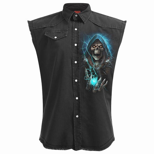 Black sleeveless shirt with a glowing skull and lightning graphic.