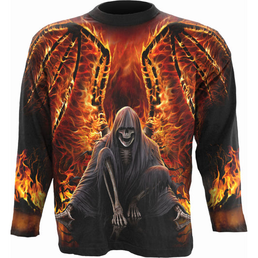 Black long sleeve shirt with a fiery grim reaper graphic on back.