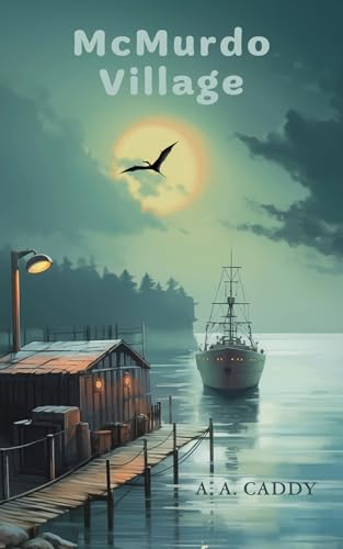 Book cover depicting a ship, buildings, and a bird under a full moon.