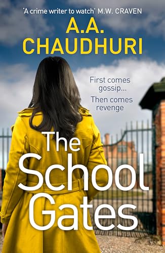 Book cover: woman in yellow coat facing school gates.