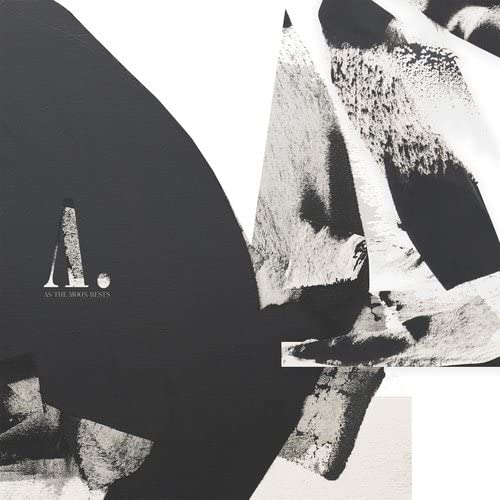 Abstract black and white graphic design with the text A. As the Moon Rests.