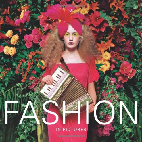 Woman in red dress with floral headpiece, holding an accordion.
