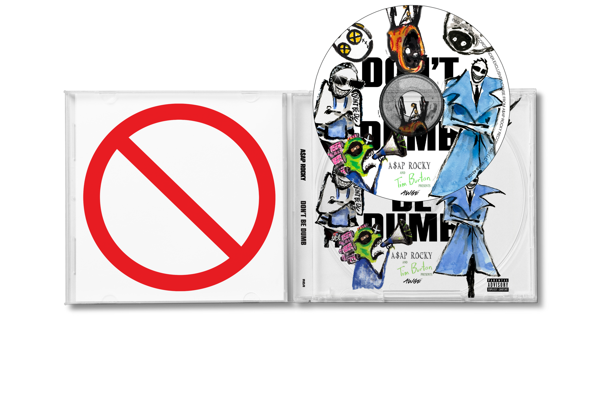 Open CD case with red prohibition sign cover and illustrated disc.