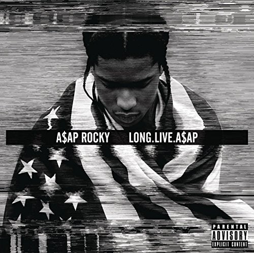 A$AP Rocky album cover, black and white, distorted American flag background.