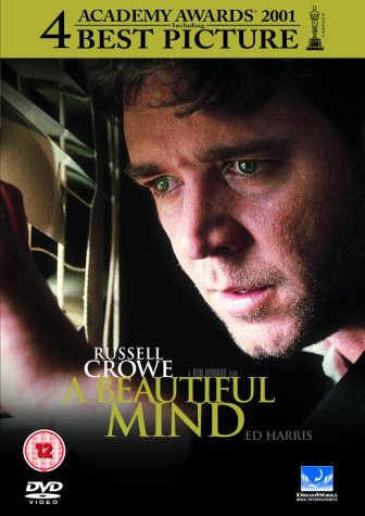 DVD cover for "A Beautiful Mind" featuring a close-up of Russell Crowe's face.
