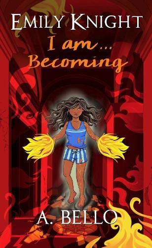 Book cover: young woman with flames, red and black abstract background.