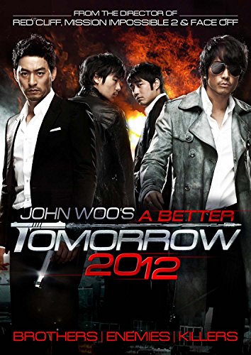 "A DVD cover for 'A Better Tomorrow 2012' featuring three men with guns."