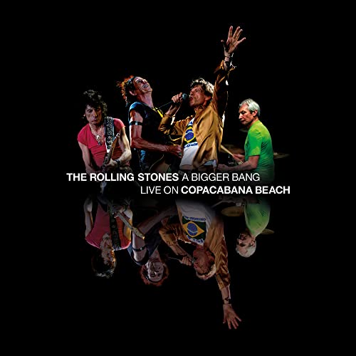The Rolling Stones performing on stage against a black background with a mirror reflection.