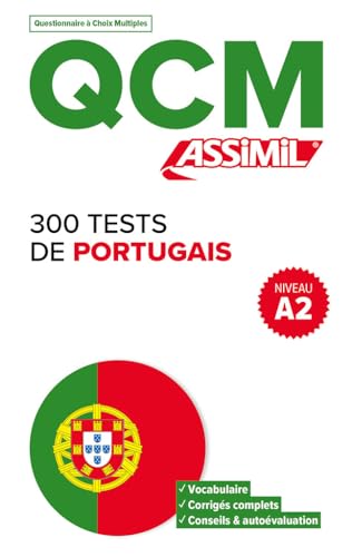 Portuguese language learning book with flag, "QCM" title, and A2 level indicator.