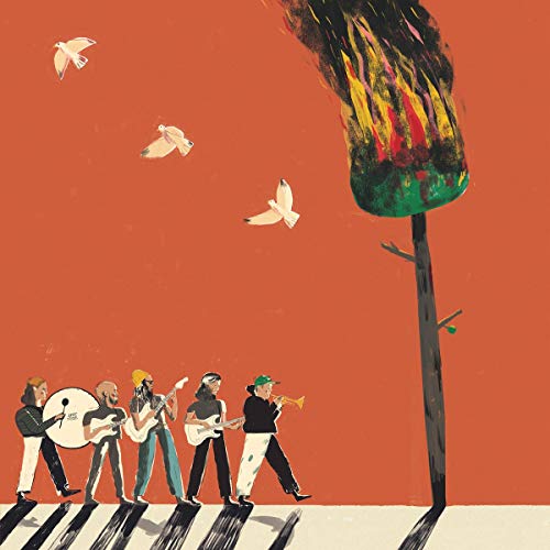 Painted album cover: band walking towards burning tree with flying birds.