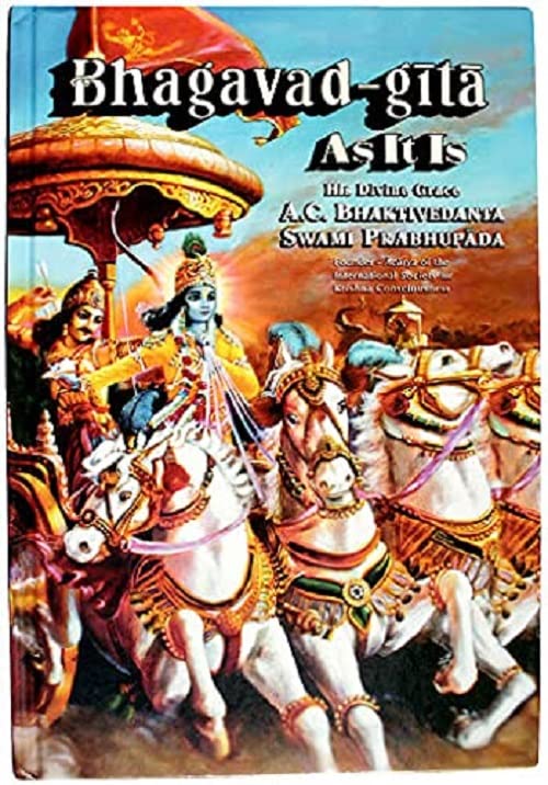 Book cover depicting Krishna and Arjuna on a chariot, titled “Bhagavad-gita As It Is.”