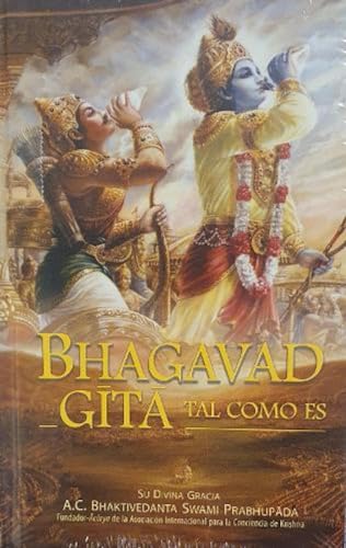 Book cover showing Krishna and Arjuna blowing conch shells on a chariot battlefield.