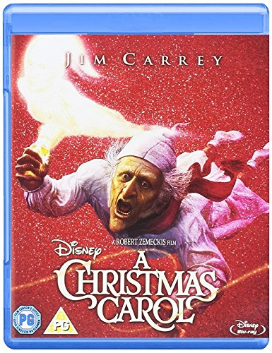 Blue-ray case for "A Christmas Carol" with red cover featuring Jim Carrey as ghost.