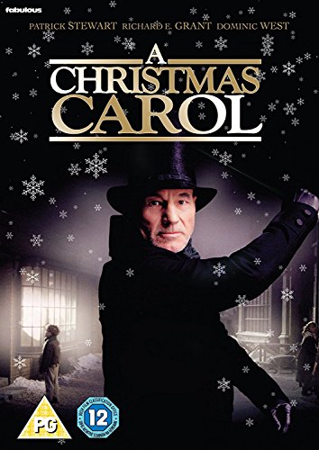 “A Christmas Carol” DVD cover featuring Patrick Stewart in Victorian attire.