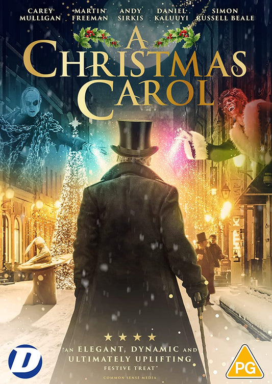"A man in a top hat walks down a snowy street, surrounded by festive scenes."
