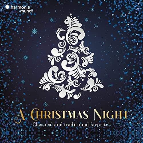 Vinyl record cover with ornate white Christmas tree on a blue, glittery background.
