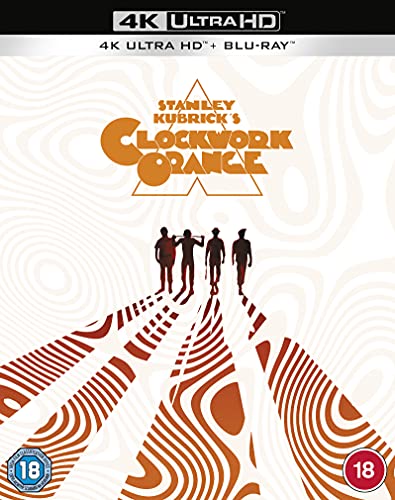 A Clockwork Orange" Blu-ray cover with orange swirls and silhouetted figures.
