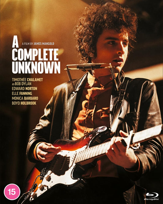 Movie poster for "A Complete Unknown" featuring Timothée Chalamet playing guitar.