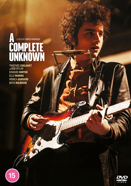 DVD cover: Timothée Chalamet as Bob Dylan playing an electric guitar.
