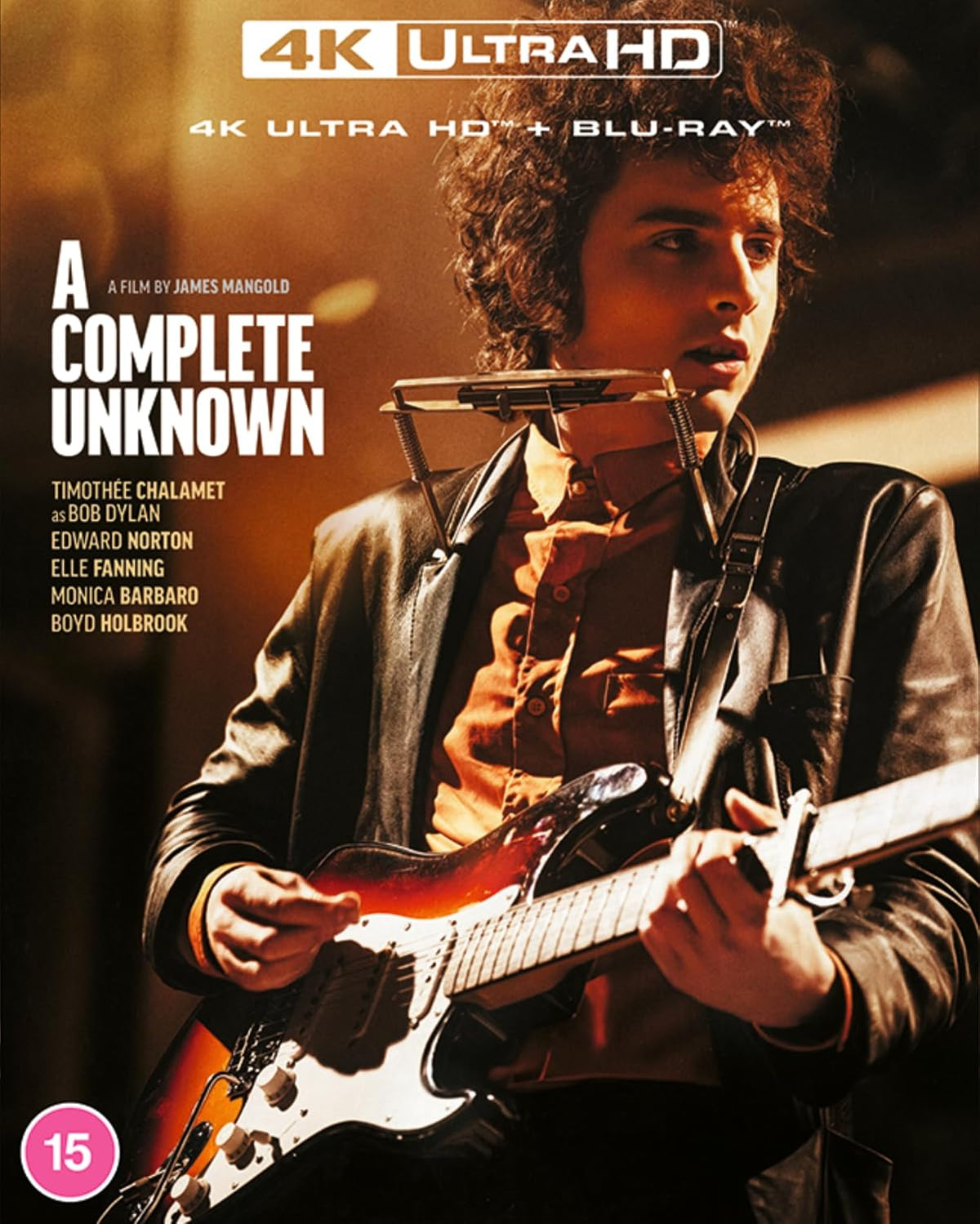 A Complete Unknown" Blu-ray cover featuring Timothée Chalamet playing guitar.