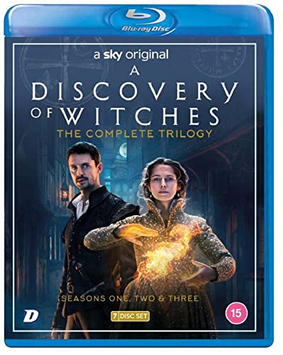 Blu-ray cover for A Discovery of Witches featuring a man and woman with fire.