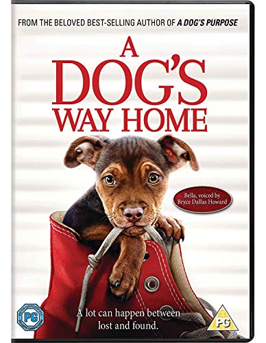 DVD cover for "A Dog's Way Home" featuring a puppy in a bag.