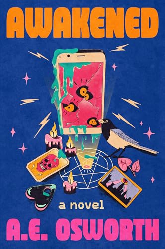 Book cover: "Awakened" with a cracked phone, bird, and occult symbols.