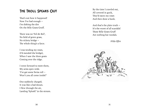 Page from "Poems for 7 Year Olds" showing a troll and three goats illustration.