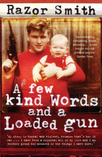 Book cover: man holding a baby and a rifle, red background.