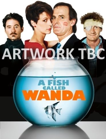 Four actors stand behind a large fishbowl containing a fish, with movie title text.