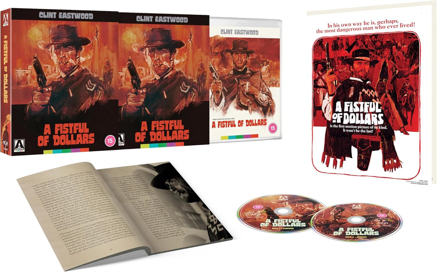 A Fistful of Dollars" Blu-ray case with disc, booklet, and cover art.