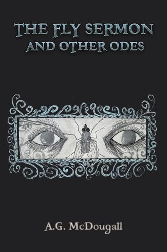 Book cover: dark background, ornate frame, fly between two eyes.