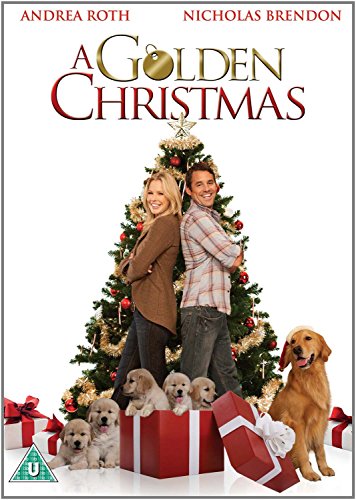 A Golden Christmas" DVD cover with couple, dog, and puppies by a tree.
