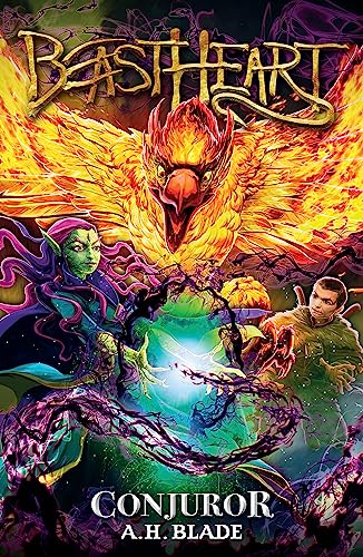 Book cover: fiery phoenix, young people, and magical energy swirling around them.