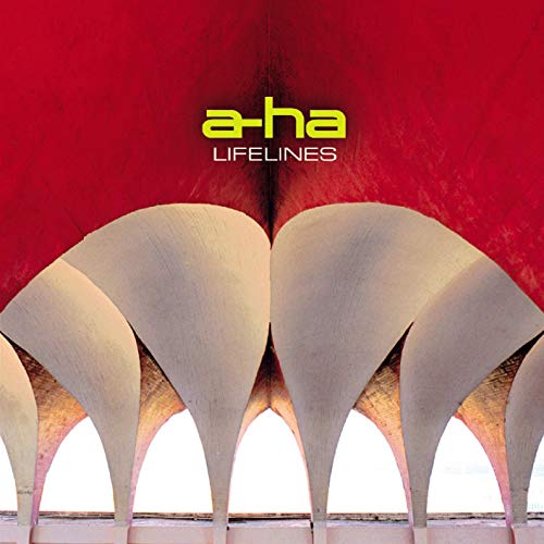 "Album cover with red background, white arches, and 'a-ha Lifelines' text."