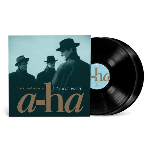 A-ha album cover and black vinyl record with blue label.