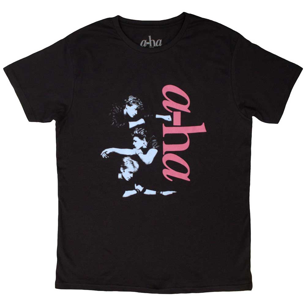 Large black t-shirt with a vertical A-ha logo printed on the front.