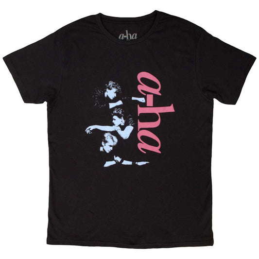 Large black t-shirt with a vertical A-ha logo printed on the front.
